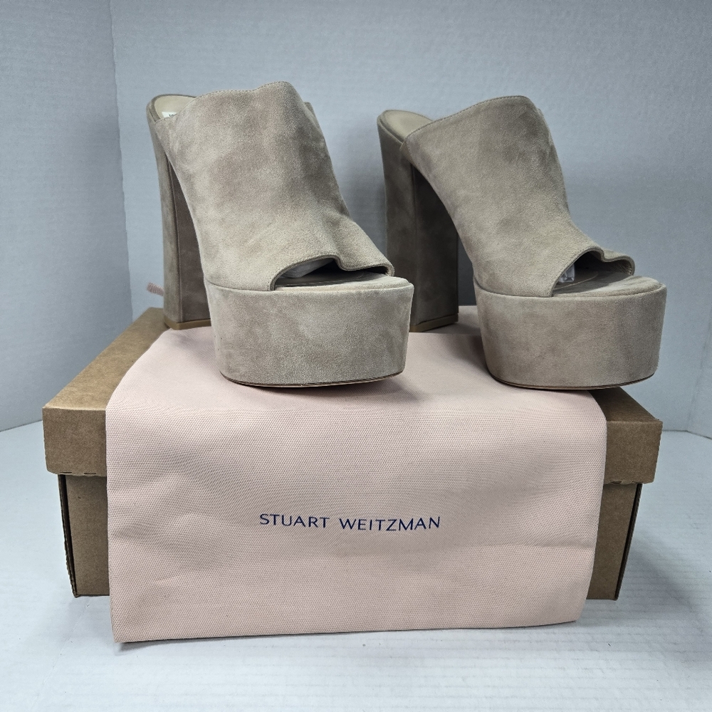 Stuart Weitzman Skyhigh 145mm Natural Tan Slide Platform Mules Size 10 1/2 M